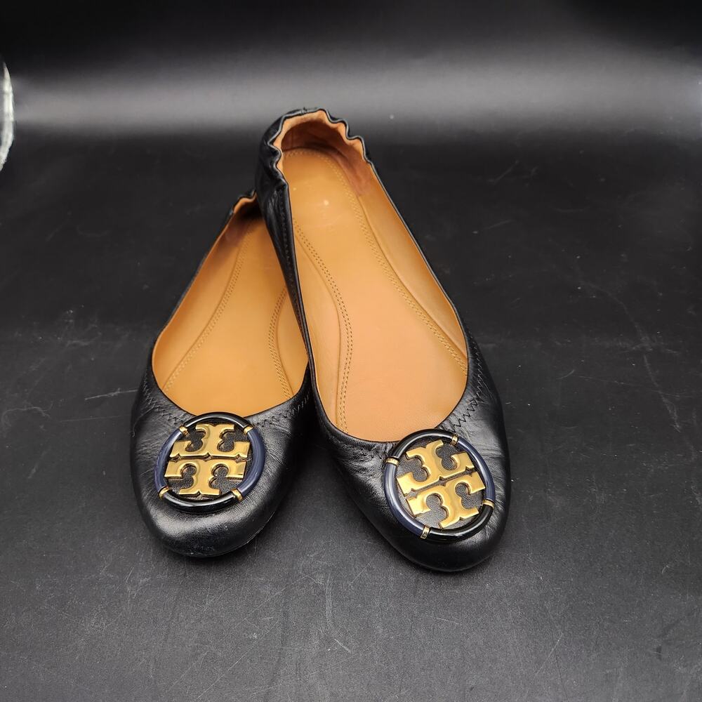 Tory Burch Caroline Ballet Flats Soft Leather With Gold Emblem on Round Toe 9.5M